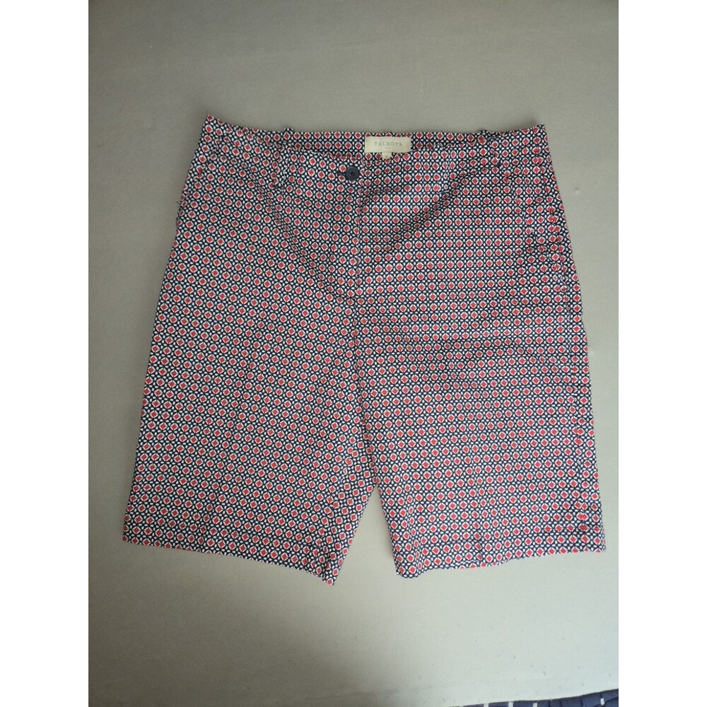 Talbots Womens Shorts Size 12 Geometric Print Red Navy Blue Stretch Bermuda Cuff
